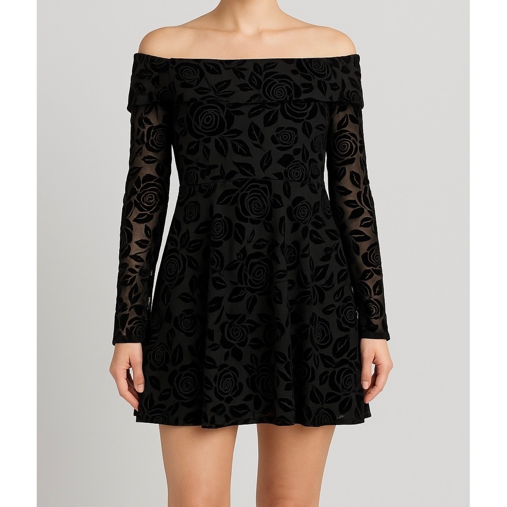 Wild Fable Black Velvet Rose Off-Shoulder Flocked Mesh Mini Dress – Sz XS – NWT